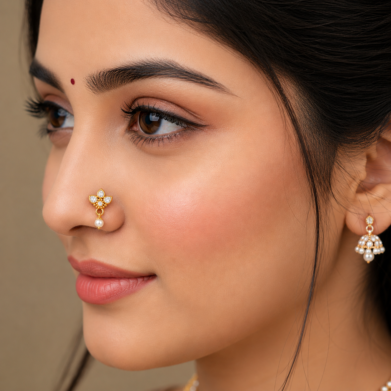 Floral Pearl Drop Nose Pin with CZ - Gold Plated 925 Silver
