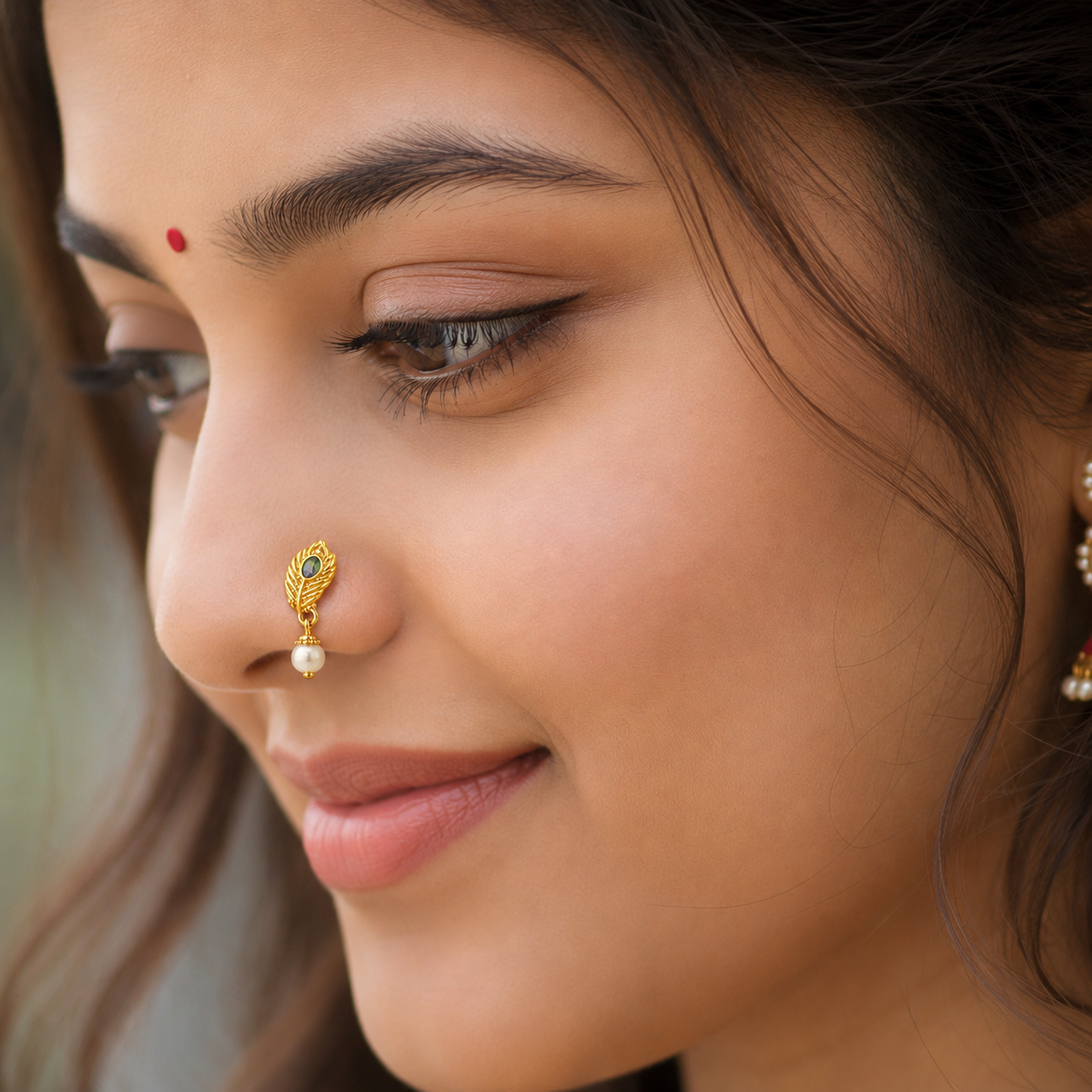 Peacock Feather Pearl Drop Nose - Gold Plated 925 Silver