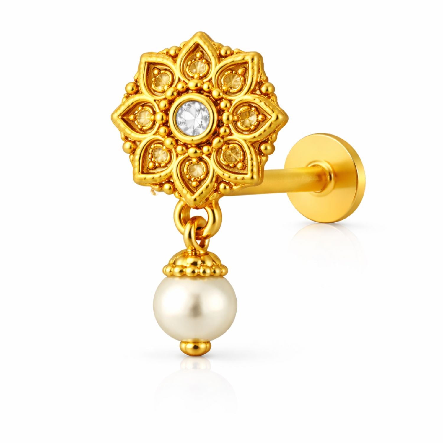 Mandala Pearl Drop Nose Pin with CZ - Gold Plated 925 Silver