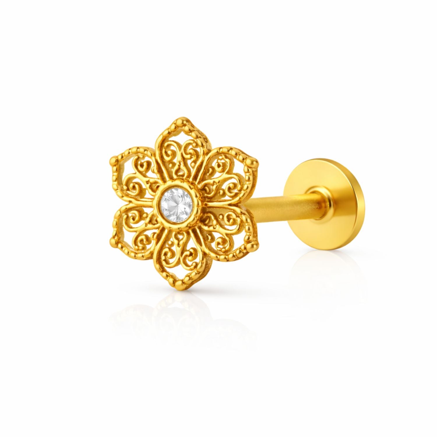 Filigree Floral Nose Pin with CZ - Gold Plated 925 Silver