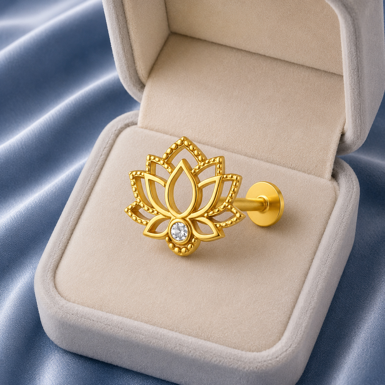 Lotus Flower Nose Pin with CZ - Gold Plated 925 Silver