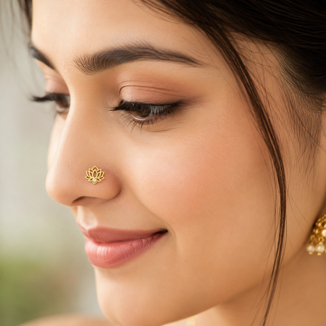 Lotus Flower Nose Pin with CZ - Gold Plated 925 Silver